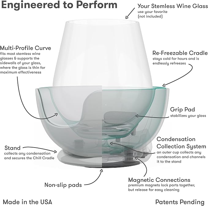 VoChill Stemless Wine Glass Chiller | Keep the Chill In Your Glass | Made In USA | Separable & Refreezable Chill Cradle | Actively Chills Stemless Glassware | Stone, Pair Stemless