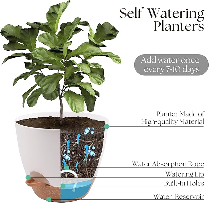 Plant Pots 12/10/9 inch Set of 3, Self Watering Flower Pots Indoor Outdoor, Planters with Drainage Hole Saucer Reservoir, White