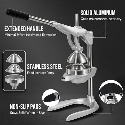 Manual Juicer, Easy to Use, Stainless Steel Juice Press for Citrus Fruits | Extended Handle, Max Extraction, Dishwasher Safe, Extra-Large, Squeeze Multi-Fruits, Ideal for Home, Travel, Commercial Use