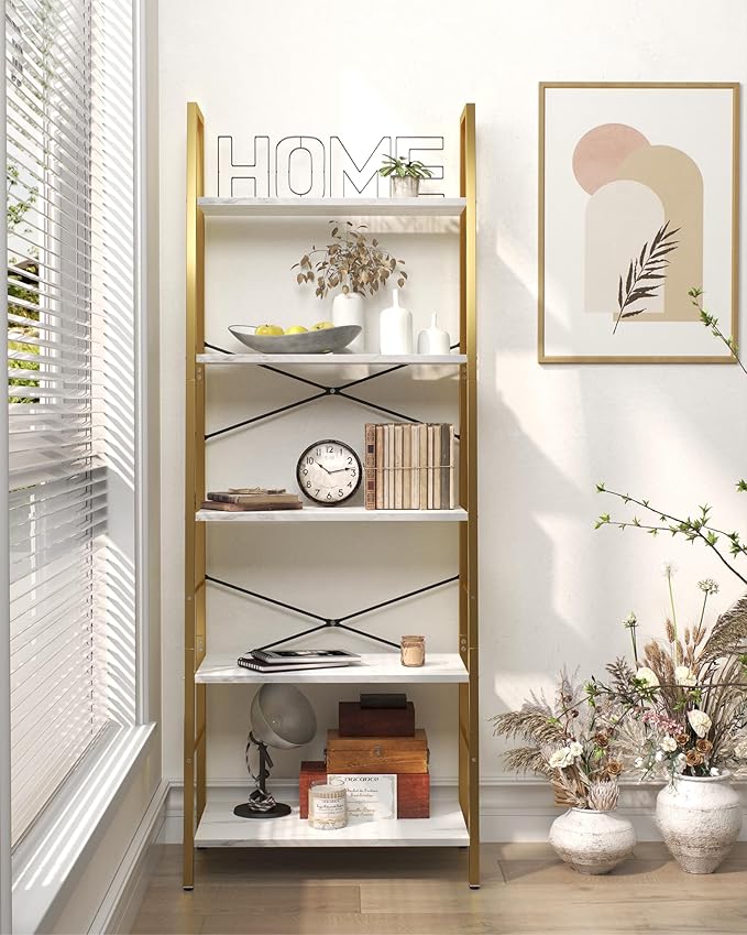 Yusong Ladder Shelf, 5-Tier Bookshelf Wood Bookcase for Living Room, Industrial Book Shelves, Tall Storage Display Rack Plant Stand for Bedoom, Home Office, Gold Metal Frame and White Marble Plank