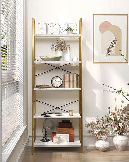 Yusong Ladder Shelf, 5-Tier Bookshelf Wood Bookcase for Living Room, Industrial Book Shelves, Tall Storage Display Rack Plant Stand for Bedoom, Home Office, Gold Metal Frame and White Marble Plank