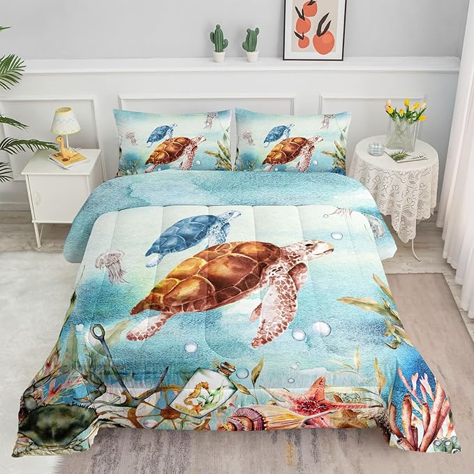 Datura home Sea Turtle Bedding Comforter Set for Boys Girls Teens Children Adults,Watercolor Sea Creatures Blue Ocean Theme Bedding Set with 1 Comforter and 2 Pillowcases(Turtle Queen) Blue Turtle