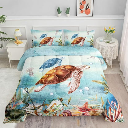 Datura home Sea Turtle Bedding Comforter Set for Boys Girls Teens Children Adults,Watercolor Sea Creatures Blue Ocean Theme Bedding Set with 1 Comforter and 2 Pillowcases(Turtle Queen) Blue Turtle