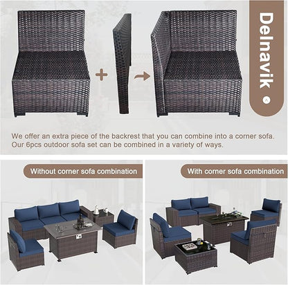 Patio Furniture Sectional Sofa Set 7-Pieces PE Rattan Patio Conversation Set w/43in Gas Fire Pit Table, Outdoor Furniture with 55000 BTU Propane Fire Pit, Navy Blue