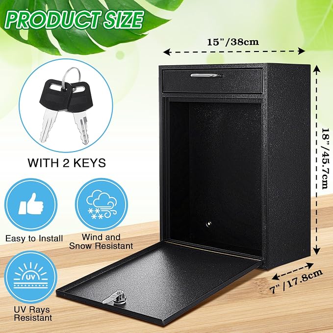 Yaocom Locking Mailbox with Key for Outdoor 18 x 15 x 7 Inches Large Wall Mount Mail Box with Lock Security Mail Drop Metal Collection Boxes Hanging Secure Postbox(Black)