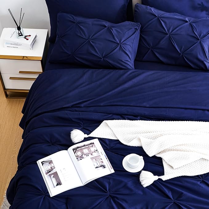 Ubauba 7pc Dark Blue King Comforter Set with Sheets, 7 Piece Pinch Pleating Bed in a Bag Royal Blue Bedding Comforters & Sets, Soft Fluffy Pintuck Bed Set (Navy,King)