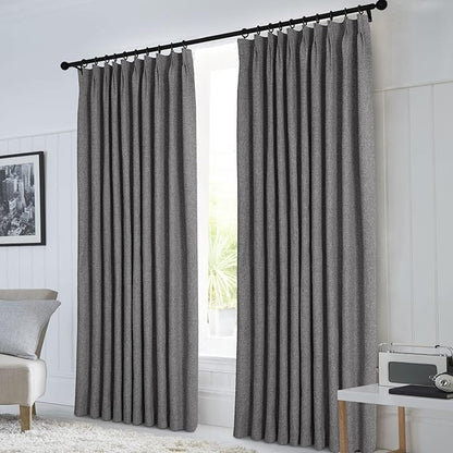 Macochico Pinch Pleated 100% Blackout Curtains Natural Grey Linen Curtains for Bedroom Living Room Farmhouse Thermal Insulated Window Panels Pleated Curtains with Hooks and Tieback 52”Wx72”L 1 Panel