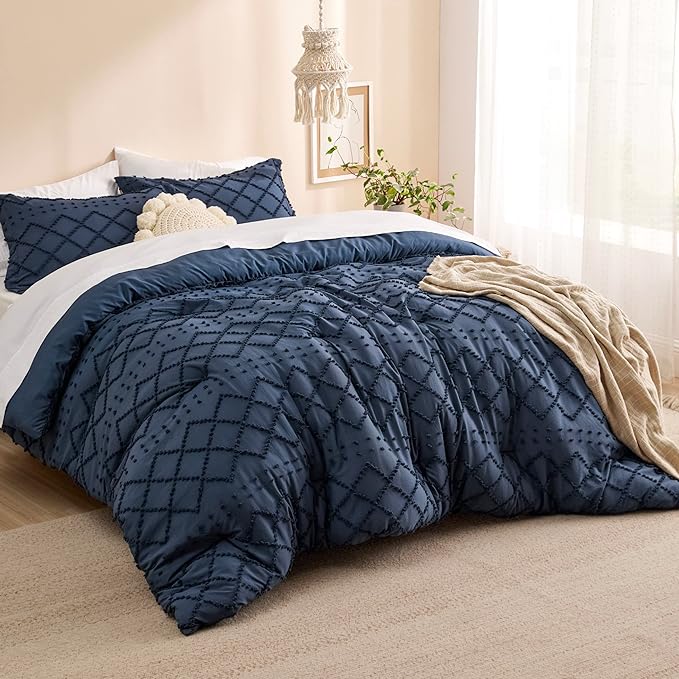Bedsure Queen Comforter Set - Navy Blue Comforter, Boho Tufted Shabby Chic Bedding Comforter Set, 3 Pieces Vintage Farmhouse Bed Set for All Seasons, Fluffy Soft Bedding Set with 2 Pillow Shams
