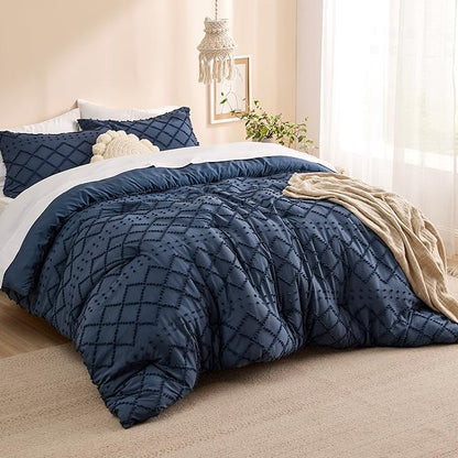 Bedsure Queen Comforter Set - Navy Blue Comforter, Boho Tufted Shabby Chic Bedding Comforter Set, 3 Pieces Vintage Farmhouse Bed Set for All Seasons, Fluffy Soft Bedding Set with 2 Pillow Shams