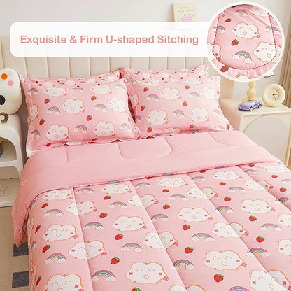 Mooreeke Bed in a Bag for Kids Girls Teens, 7 Pieces Full Size Comforter Bed Set with Shams, Sheet Set, Rainbow Cloud Strawberry Pink Super Soft Microfiber Kids Comforter Bedding Set