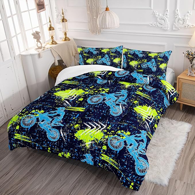 Axolotl Boys Dirt Bike Bedding Set Twin,Dirt Bike Comforter Set,Extreme Sports Tie Dye Bedding Set Motor Biker,Motocross Rider Comforter Set for Boys Kids Teens Men,1 Quilt 2 Pillowcases,Blue Green