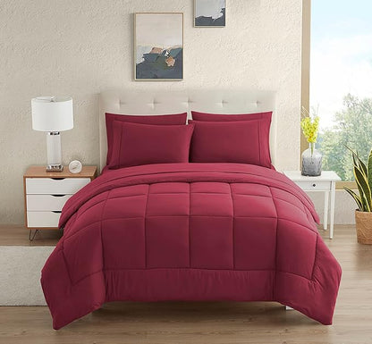 Dorm Room Essentials College Bedding Comforter Set 7 Piece Full Size Bed in a Bag for College Students Boys and Girls, Full, Burgundy