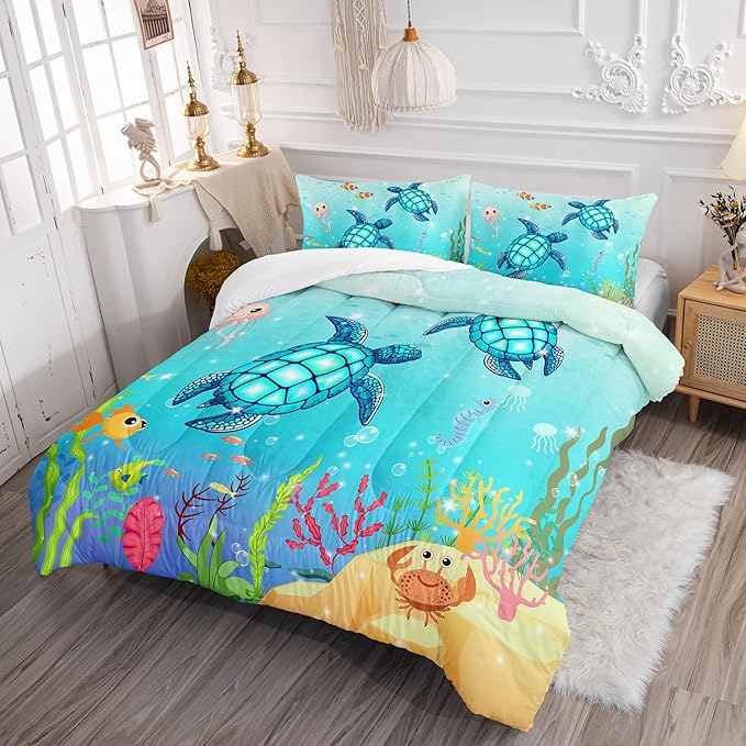Turtle Comforter Set Full Ocean Watercolor Sea Turtle Bedding Set Nautical Sea Animal Reptile Bed Set with 2 Pillowcases for Kids Room Decor