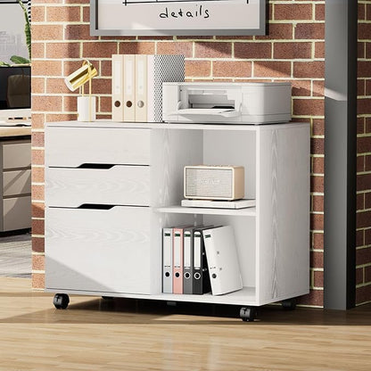 OLIXIS 3 Drawer File Cabinet Lateral Printer Stand with Adjustable Storage Shelves for Home Office Small Space, White