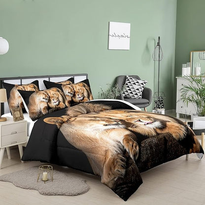 Bodhi Lover Couple Lion Comforter Set Full Soft Microfiber Lion Bedding Set Full Size Animal Comforter Set with Pillowcases,1 Comforter+2 Pillow Shams #4004