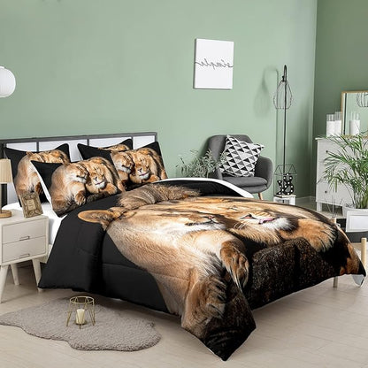 Bodhi Lover Couple Lion Comforter Set King Soft Microfiber Lion Bedding Set King Size Animal Comforter Set with Pillowcases,1 Comforter+2 Pillow Shams #4004