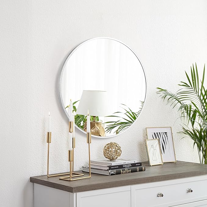 Fabuday Silver Round Mirror for Wall 24 inch - Circle Mirror for Bathroom, Entryway, Living Room, Hallway, Vanity Decor, Small Matte Metal Frame Mirrors