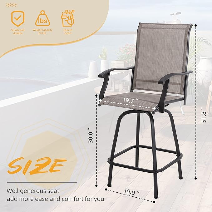 Shintenchi 2 Piece Patio Swivel Bar Stools, Outdoor Height Bar Patio Stools& Bar Chairs Set of 2 with High Back, All-Weather Textile Outdoor High Top Bistro Chairs for Yard,Balcony,Deck