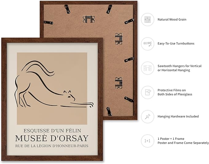 Poster Master Vintage Poster - Retro Minimalist Print - Gift for Artist, Housewarming - Cat, Line Drawing, Sketch, Abstract - Wall Decor for Living Room, Bedroom, 11x14 Brown Framed