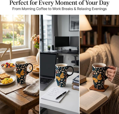 Topadorn 17oz Ceramic Travel Mug, Butterfly Coffee Mug with Gift Box | Large Floral Coffee Cup, Microwave & Dishwasher Safe Ceramic Travel Cup, Butterfly