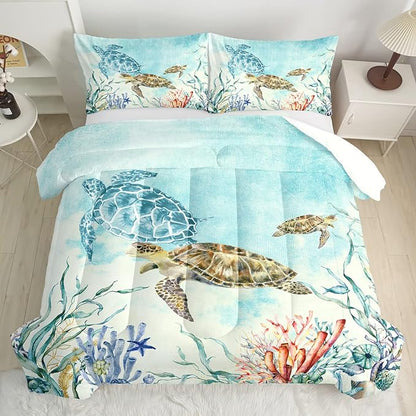CVHOUSE Sea Turtle Comforter Set,Ocean Watercolor Sea Turtle Bedding Set for Kids Teens,Ocean Sea Turtle Comforter Sea Turtle Duvet Set Room Decor Quilt Set Twin Size