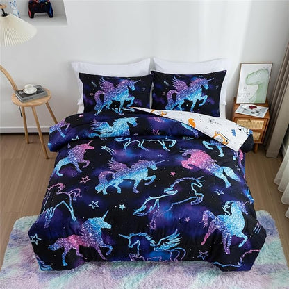 Meeting Story Dinosaur Comforter Set, Fluorescence Gradation Unicorn Twin Comforter Set, 3 PCS 1 Comforter and 2 Pillowcases in One Bag, All Season Bedspread for Kids Teens Adults（Full）