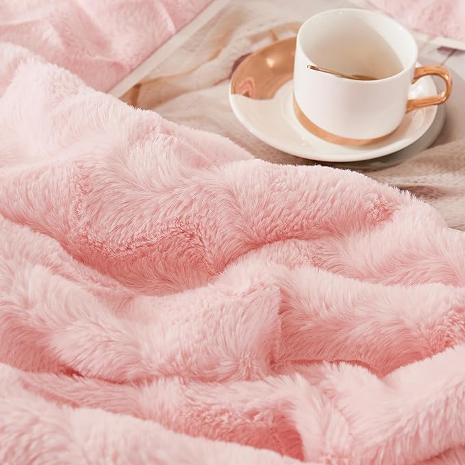 Andency Pink King Size Comforter Set, 3 Pieces Fleece Fuzzy Fluffy Bedding Set, Plush Shaggy Faux Fur Warm Bed Set