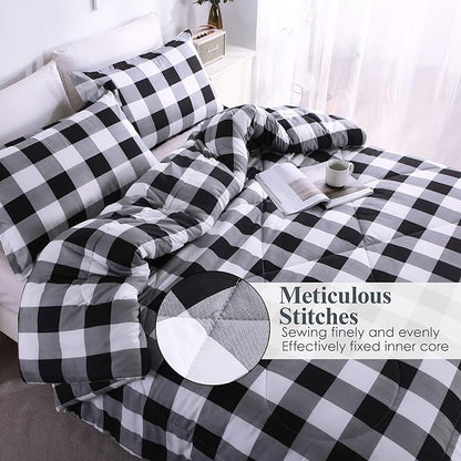 Andency Black Plaid Comforter Set Twin Size (66x90 Inch), 2 Pieces (1 Gingham Comforter and 1 Pillowcase), Summer Lightweight Microfiber Buffalo Check Down Alternative Comforter Set for Kids Boys