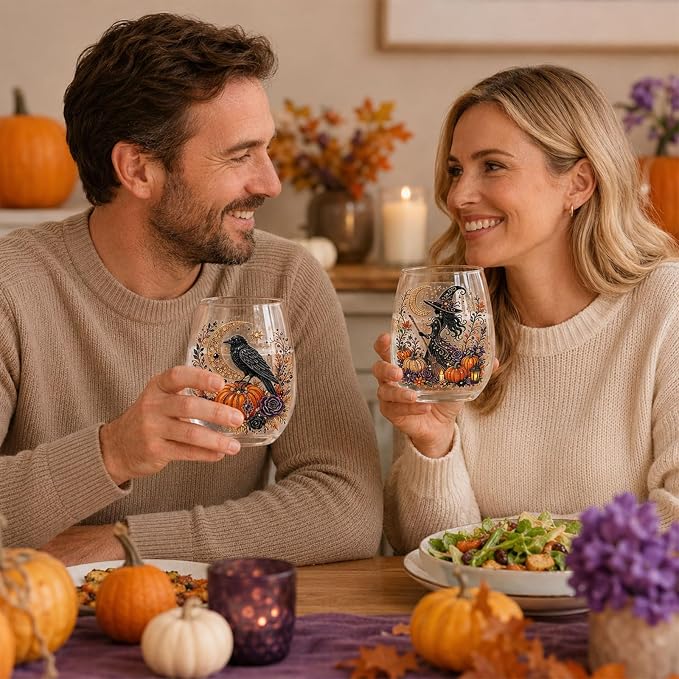 3D Halloween Autumn Glass Art Cup,Stemless Holiday Glassware Collection | Fantasy Fall Witch Wine Glasses,Holiday Printed Table Ornaments,Magical Halloween Home Decor Gifts for Various Beverages