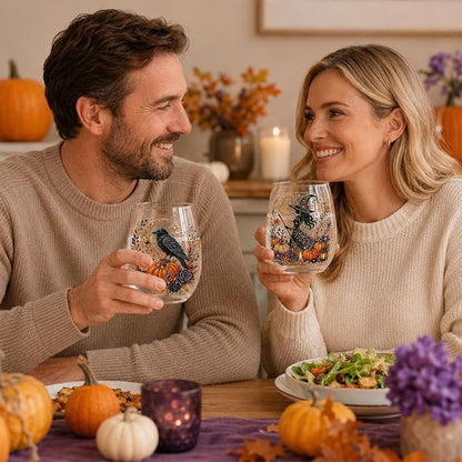 3D Halloween Autumn Glass Art Cup,Stemless Holiday Glassware Collection | Fantasy Fall Witch Wine Glasses,Holiday Printed Table Ornaments,Magical Halloween Home Decor Gifts for Various Beverages