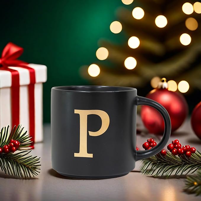 COLLECTIVE HOME - Monogram Ceramic Mugs, 15 oz Golden Initial Black Coffee Cups, Elegant Alphabet Tea Mugs, Elegant Personalized Mug with Gift Box, Unique Mug with Double Side Capital Lette (P)