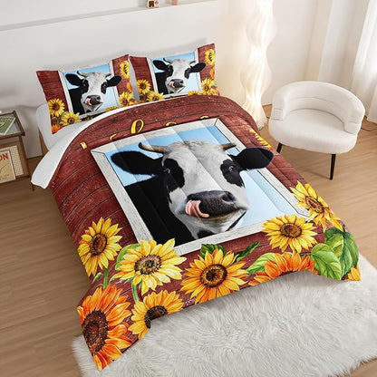 HOSIMA Farmhouse Animal Cow Comforter with 2 Pillowcases,Wooden Decor Terracotta Comforter for Adults Teens,Cow Print Bedding Room Decor,Sunflower Full Size Comforter Set.