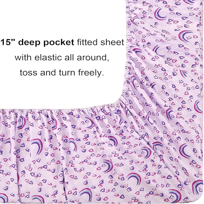 Mooreeke Full Size Comforter Sets for Girls Kids, 8 Pieces Bed in a Bag Purple Love Rainbow Bedding Comforter Sheet Set with Shams and Decorative Toy Pillow, Ultral Soft Microfiber Kids Bed Set