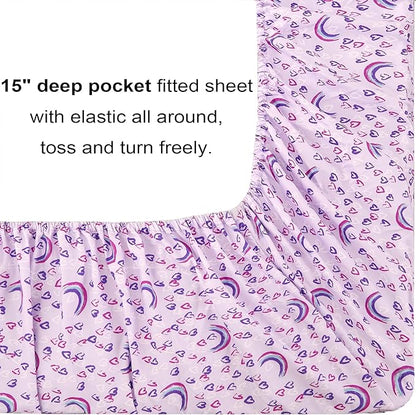 Mooreeke Full Size Comforter Sets for Girls Kids, 8 Pieces Bed in a Bag Purple Love Rainbow Bedding Comforter Sheet Set with Shams and Decorative Toy Pillow, Ultral Soft Microfiber Kids Bed Set
