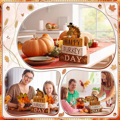 Moucuny 4 Pcs Fall Table Decorations for Home Thanksgiving Turkey Wooden Stacked Sign Decor Thanksgiving Tiered Tray Decor Rustic Happy Turkey Day Block Sign for Autumn Harvest Party Kitchen Shelf