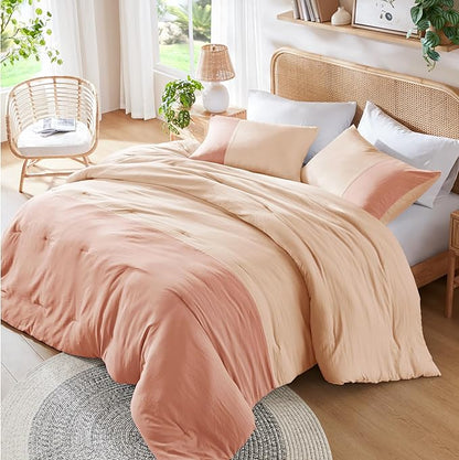 Pink King Size Comforter Set - Modern Farmhouse Soft Comforter Sets for Women, Colorblock Pattern Bed Sets for All Season, 3 Pieces includes 1 Comforter, 2 Shams (104"x 90")