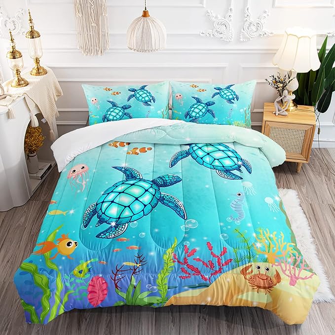 Turtle Comforter Set Queen Ocean Watercolor Sea Turtle Bedding Set Nautical Sea Animal Reptile Bed Set with 2 Pillowcases for Kids Room Decor