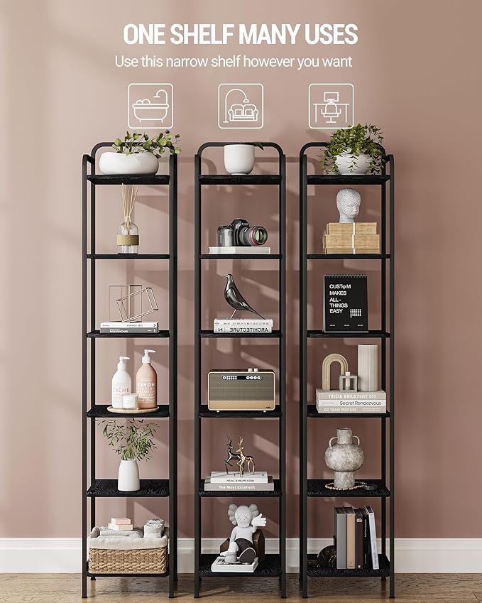 Bookcase Bookshelf, Narrow Book Shelf, Industrial Coner Shelf Storage Organizer, Slim Shelving Unit for Home Office, Living Room, Bedroom, Kitchen, 6-Tier Black BC24604B
