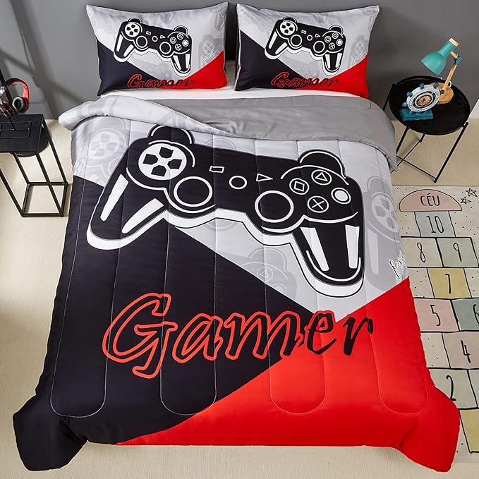 Gaming Comforter Sets for Kids Teen Boys,Video Games Controller Pattern Bedding Set for Room Decor, Twin Size 2-Piece Reddish Black Gamer Comforter with Pillowcase,All Season(Red,Twin)