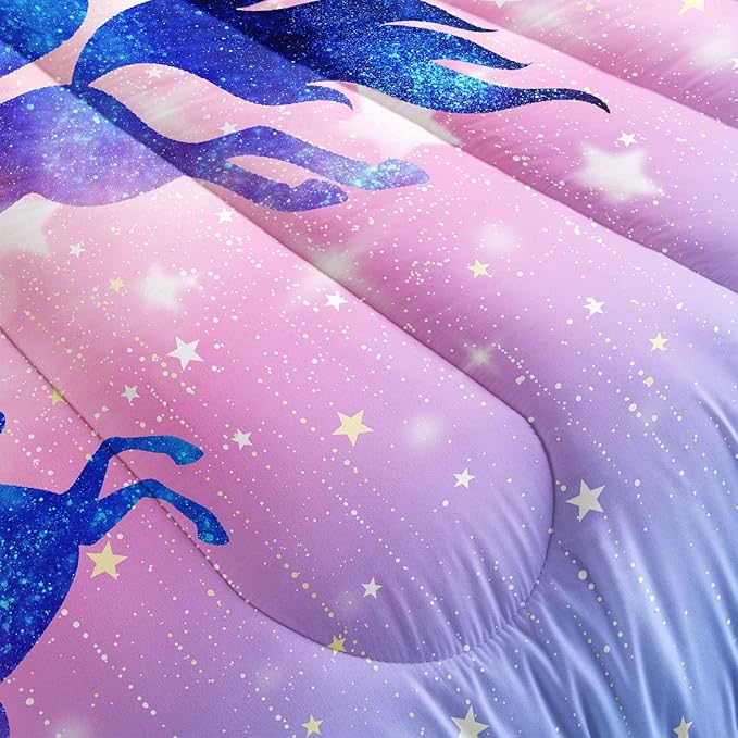Datura home Bedding Comforter Set Starry Sky Unicorn Printed Pattern Quilt with 1 and 2 Pillowcases for Girls Bedroom All Season(Purple Full) Full 80x90inches