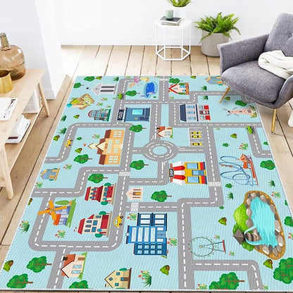 Kids Car Rug,4x6 City Life Traffic Road Playmat for Toy Cars Trains, Non-Slip Race Track Carpet Educational Fun Area Rugs for Boy and Girl Bedroom Nursery