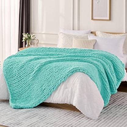 L'AGRATY Chunky Knit Blanket Throw: 50''x60'' Chenille Chunky Knitted Throw Blanket for Bed Couch - Handmade Thick Big Cable Knit Blanket - Large Crochet Rope Blanket for Home Decor(Lake Blue)