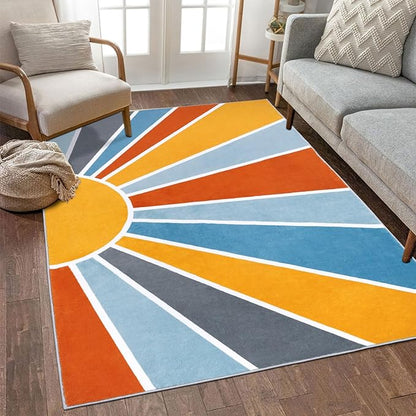 Topotdor Sun Rainbow Area Rug 4 x 6ft Boho Kids Nursery Rug, Colorful Washable Area Rug Ultra Soft Circle Classroom Rug Non-Slip for Bedroom Living Room Playroom Decor, Blue