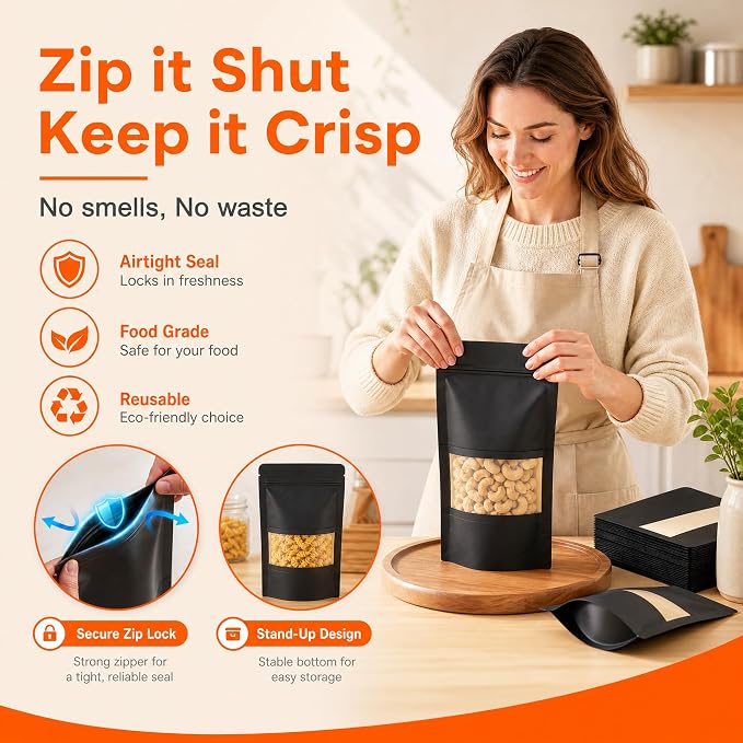 100 Pcs Black Kraft Paper Bags with Window, 5.9" x 8.6" Stand Up Pouches Bags, Food Storage Bags for Packaging Products, Reusable, Sealable