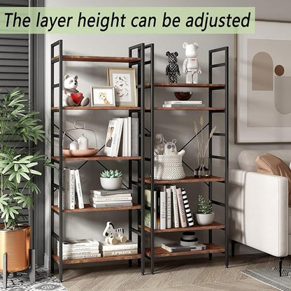 5 Tier Tall BookShelf,Bookcase with Steel Frame,Home Office Modern Bookcase Shelf for Bedroom/Living Room/Home Office - Rustic Brown Storage Rack for Books,Garage Kit, CDs and Movies