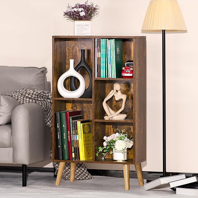LEYAOYAO 5 Cube Small Bookshelf,3 Tier Mid-Century Bookcase with Legs,Wood Bookshelves Storage Organizer Shelf,Narrow Book Shelves,Brown Bookcases