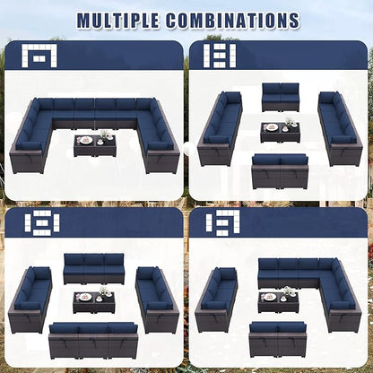 Patio Furniture Set 14-Piece Outdoor Furniture for Backyard Wicker Sectional Sofa Set, PE Rattan Patio Conversation Set 12 Seat with Thickened Cushions and Glass Coffee Tables, Navy Blue