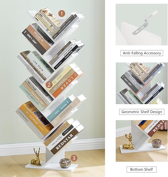 Hoctieon 10 Tier Tree Bookshelf, 10 Shelf Bookcase, Free Standing Tree Bookcase, Display Floor Standing Shelf for Books, Book Shelf Organizer, White