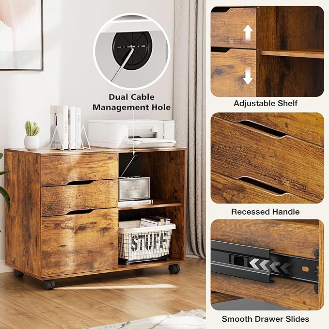 3 Drawer File Cabinet Lateral Printer Stand with Adjustable Storage Shelves for Home Office Small Space, Rustic Brown