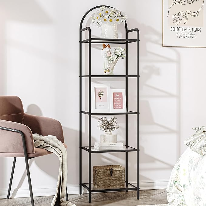 Bookcase Bookshelf, Tempered Glass Bookshelves, Slim Shelving Unit for Bedroom, Bathroom, Home Office, Steel Frame, 5 Tier Black BC05001B